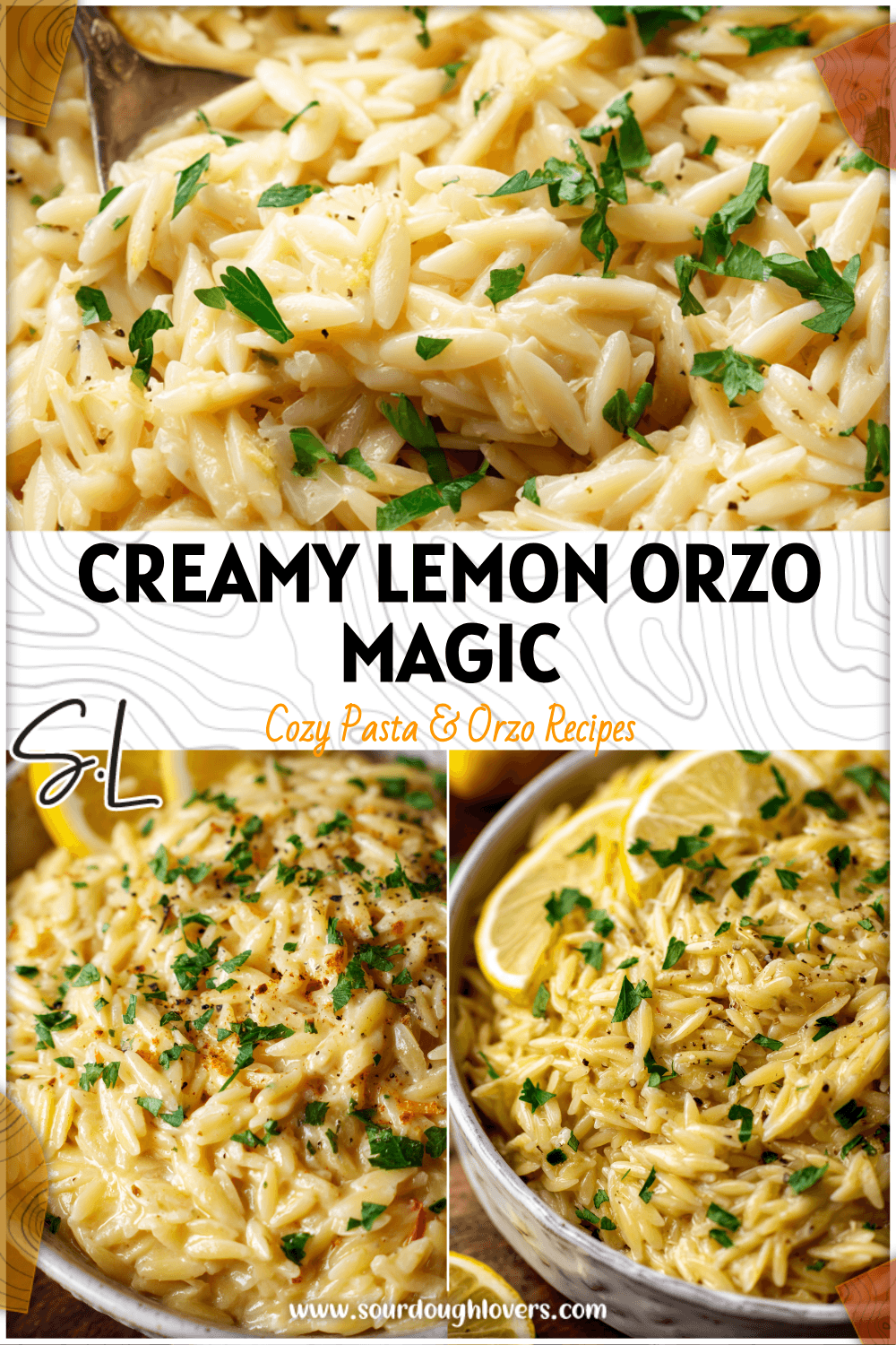 A bowl of creamy lemon parmesan orzo pasta garnished with fresh parsley in a white dish. 26